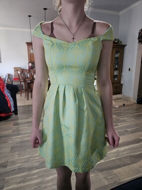 Annabella Off-Shoulder Dress in Light Green and Yellow